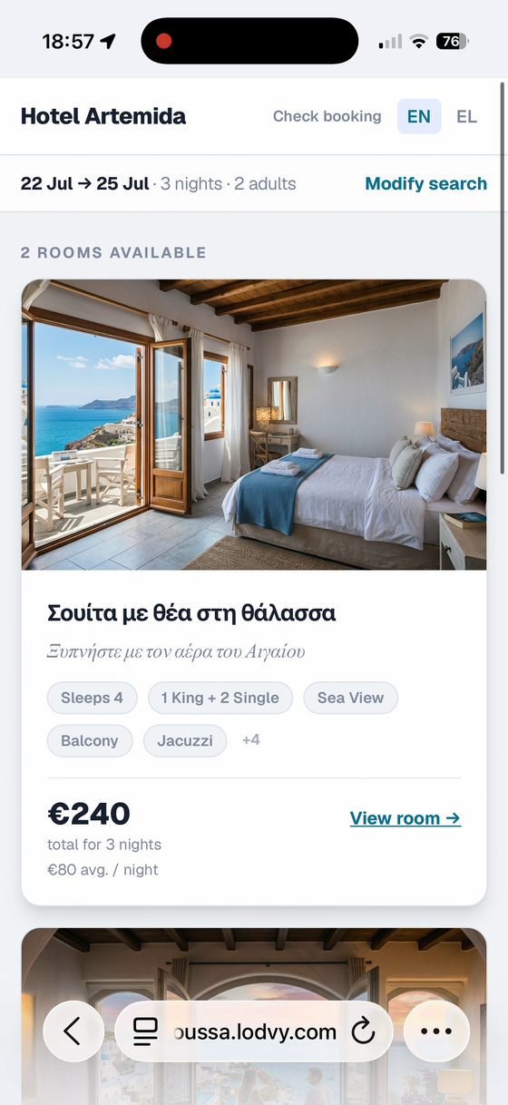 A Lodvy booking page, showing available rooms and prices