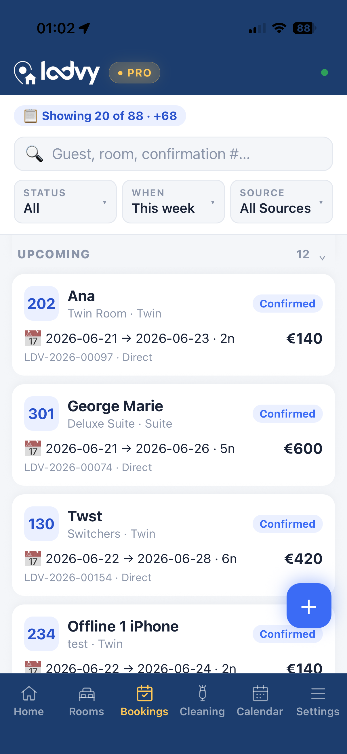 Lodvy Bookings screen on iPhone